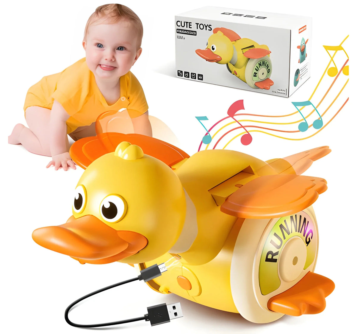Musical Running Duck Crawling Toy with Glowing Lights & Motorized Movement