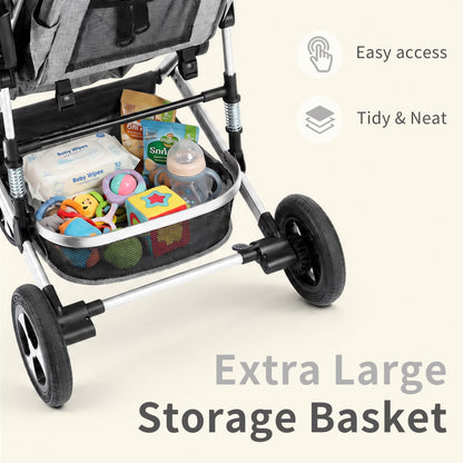 3-In-1 Convertible Baby Stroller with Big Seat and Adjustable Canopy, 24 Pounds, Light Grey