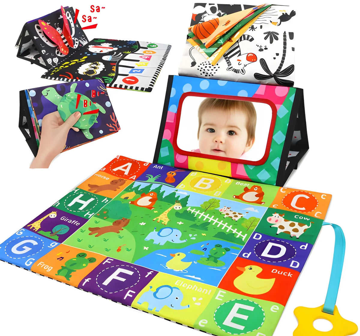 Baby Tummy Time Mat with Shatterproof Mirror, High-Contrast Patterns & Sensory Toys