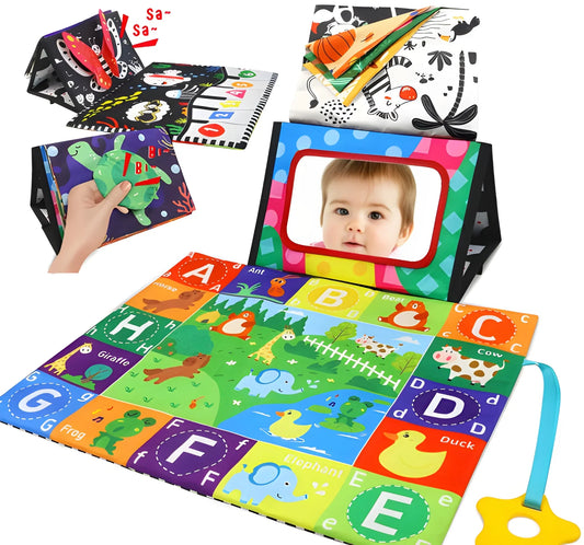 Baby Tummy Time Mat with Shatterproof Mirror, High-Contrast Patterns & Sensory Toys