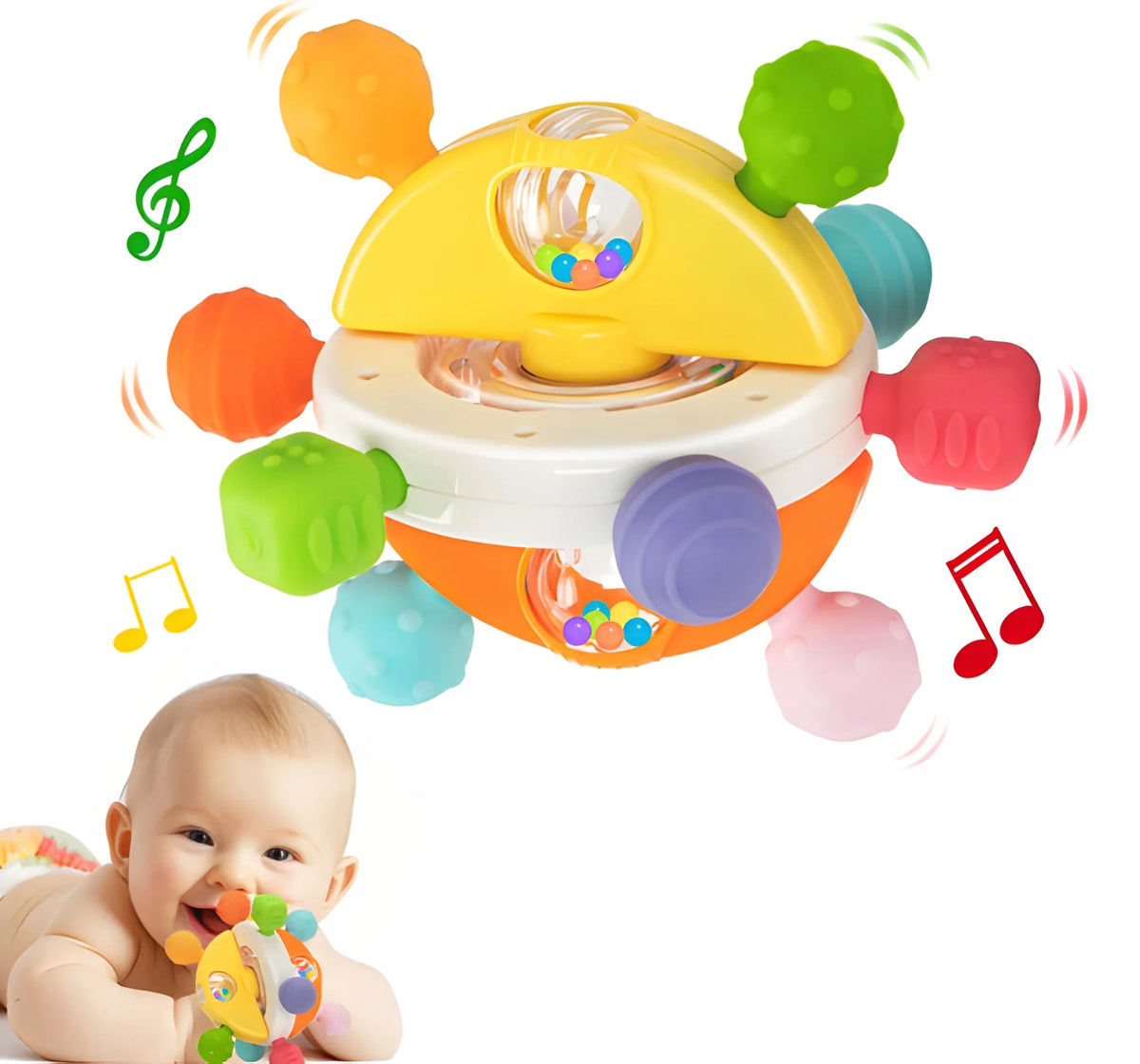 10-Point Silicone Baby Teether Ball with Textured Chew Points, Rattle & Rotating Rudder