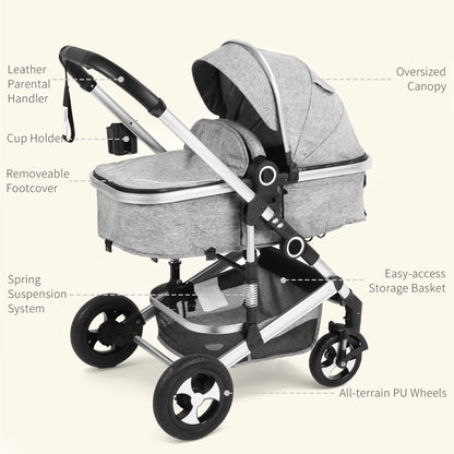 3-In-1 Convertible Baby Stroller with Big Seat and Adjustable Canopy, 24 Pounds, Light Grey