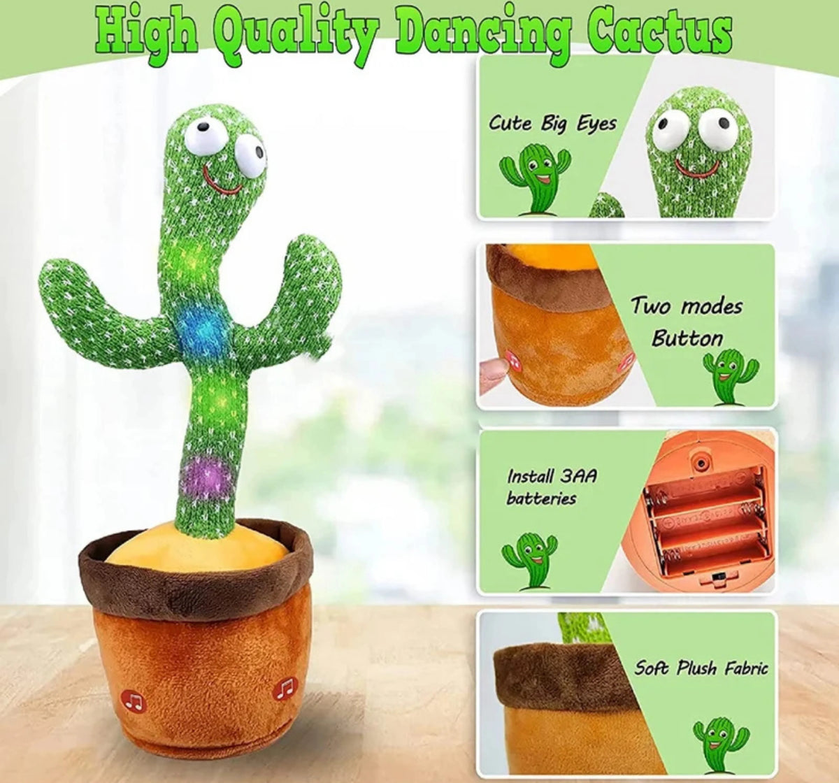Dancing Cactus Plush Toy with Voice Recording, Singing & Repeating Function