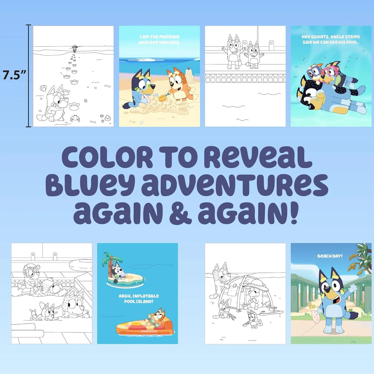 Bluey Aqua Art - Reusable Water Reveal Activity Pages with Water Pen for No-Mess Drawing and Coloring