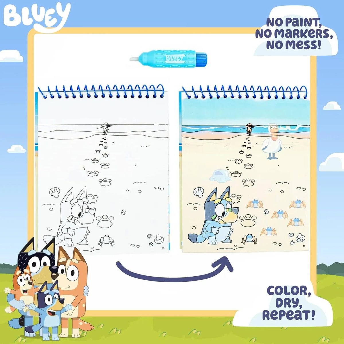 Bluey Aqua Art - Reusable Water Reveal Activity Pages with Water Pen for No-Mess Drawing and Coloring